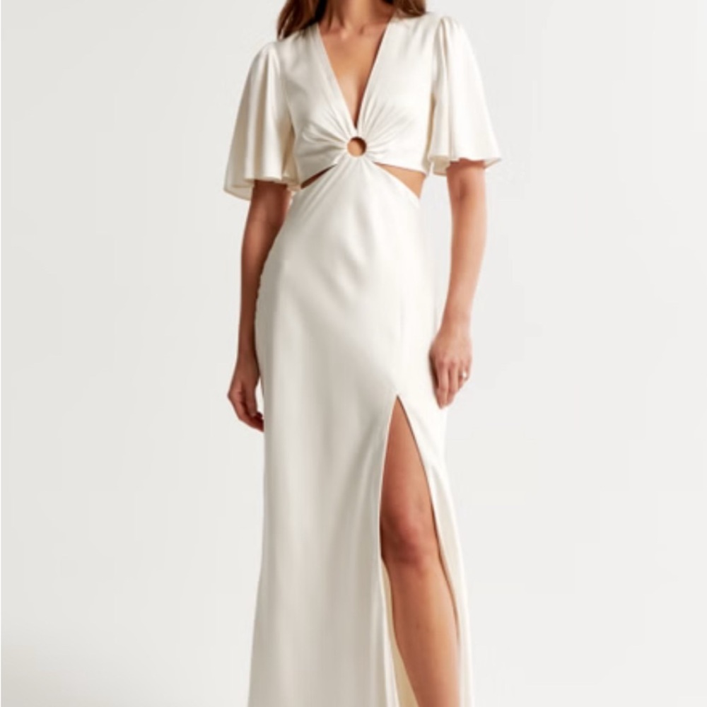 Abercrombie White Dress / Angel Sleeve O-Ring Cutout Dress / White Satin Dress